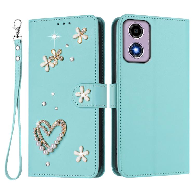 For Motorola Moto E14/G04 ZS01 Double-Layer Heart Floral Vegan Leather Phone Case with Wrist Strap