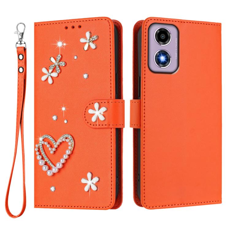 For Motorola Moto E14/G04 ZS01 Double-Layer Heart Floral Vegan Leather Phone Case with Wrist Strap