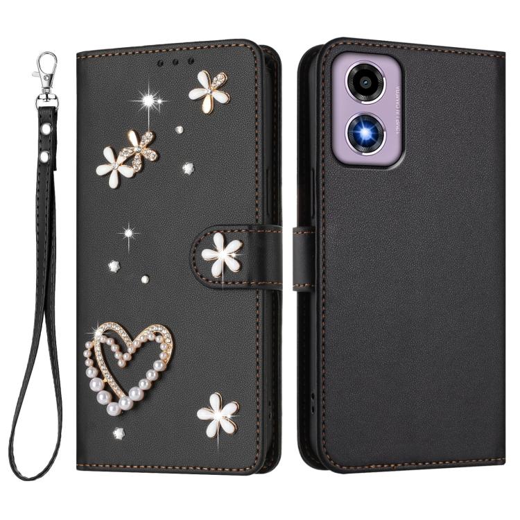 For Motorola Moto E14/G04 ZS01 Double-Layer Heart Floral Vegan Leather Phone Case with Wrist Strap