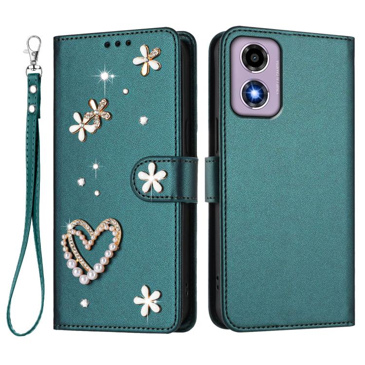 For Motorola Moto E14/G04 ZS01 Double-Layer Heart Floral Vegan Leather Phone Case with Wrist Strap