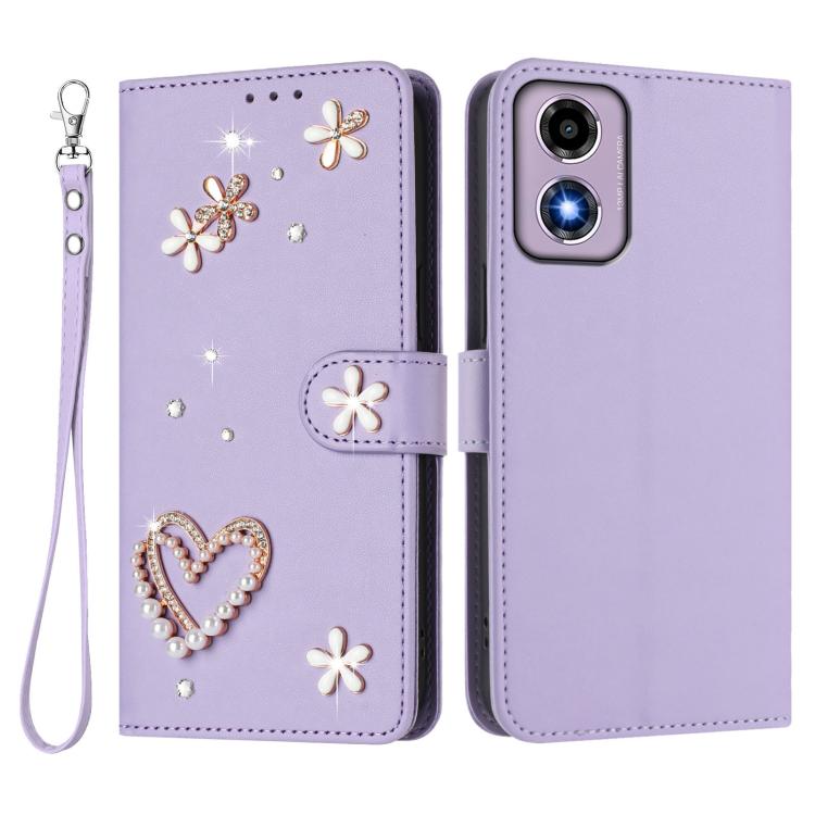 For Motorola Moto E14/G04 ZS01 Double-Layer Heart Floral Vegan Leather Phone Case with Wrist Strap