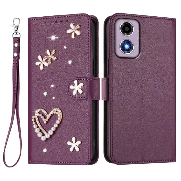 For Motorola Moto E14/G04 ZS01 Double-Layer Heart Floral Vegan Leather Phone Case with Wrist Strap