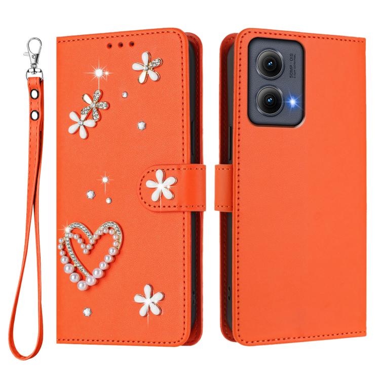 For Motorola Edge 5G 2024 Global ZS01 Double-Layer Heart Floral Vegan Leather Phone Case with Wrist Strap