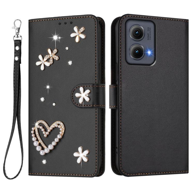 For Motorola Edge 5G 2024 Global ZS01 Double-Layer Heart Floral Vegan Leather Phone Case with Wrist Strap
