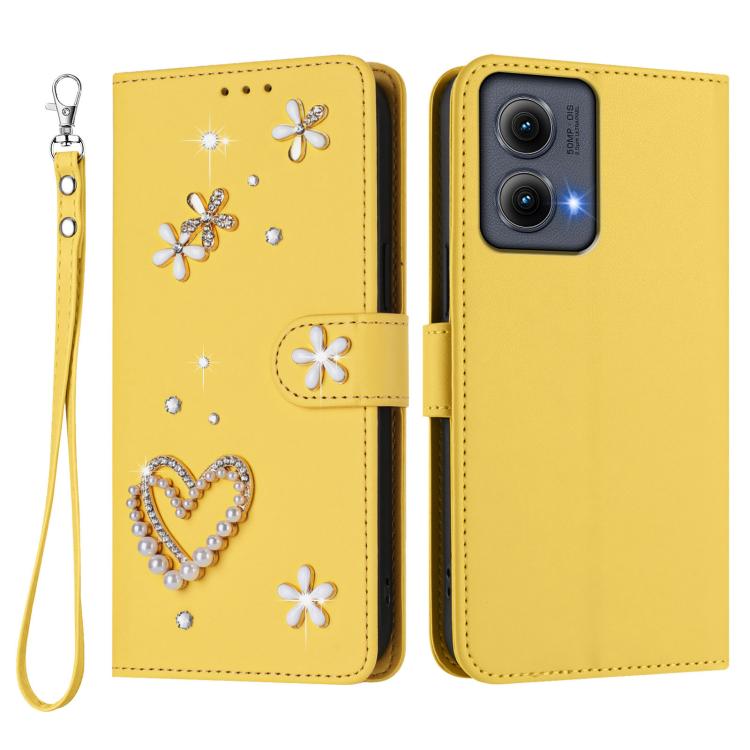 For Motorola Edge 5G 2024 Global ZS01 Double-Layer Heart Floral Vegan Leather Phone Case with Wrist Strap