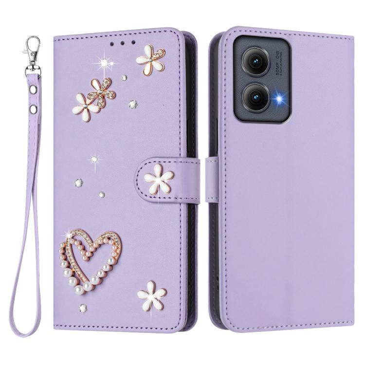 For Motorola Edge 5G 2024 Global ZS01 Double-Layer Heart Floral Vegan Leather Phone Case with Wrist Strap