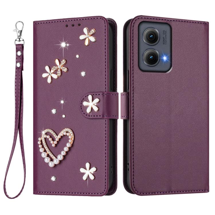 For Motorola Edge 5G 2024 Global ZS01 Double-Layer Heart Floral Vegan Leather Phone Case with Wrist Strap