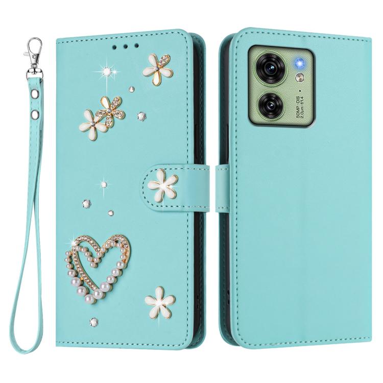For Motorola Edge 40 5G Global ZS01 Double-Layer Heart Floral Vegan Leather Phone Case with Wrist Strap