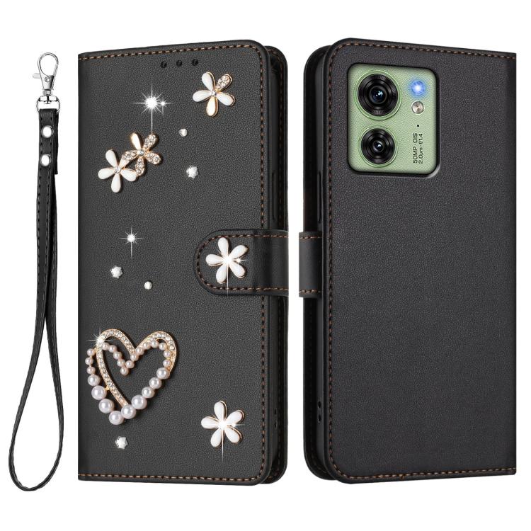 For Motorola Edge 40 5G Global ZS01 Double-Layer Heart Floral Vegan Leather Phone Case with Wrist Strap