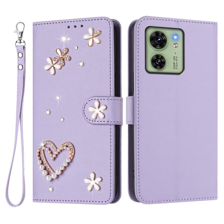 For Motorola Edge 40 5G Global ZS01 Double-Layer Heart Floral Vegan Leather Phone Case with Wrist Strap