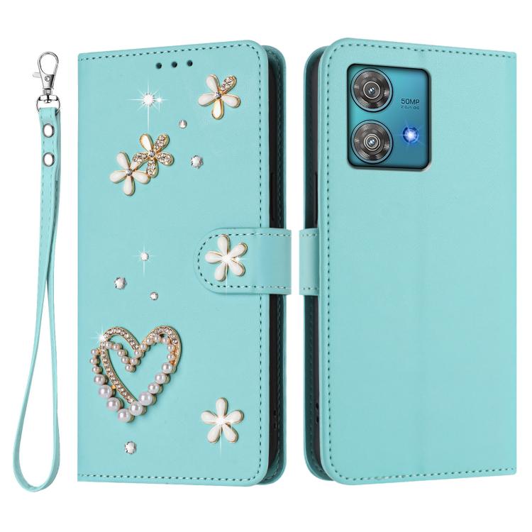 For Motorola Edge 40 Neo ZS01 Double-Layer Heart Floral Vegan Leather Phone Case with Wrist Strap