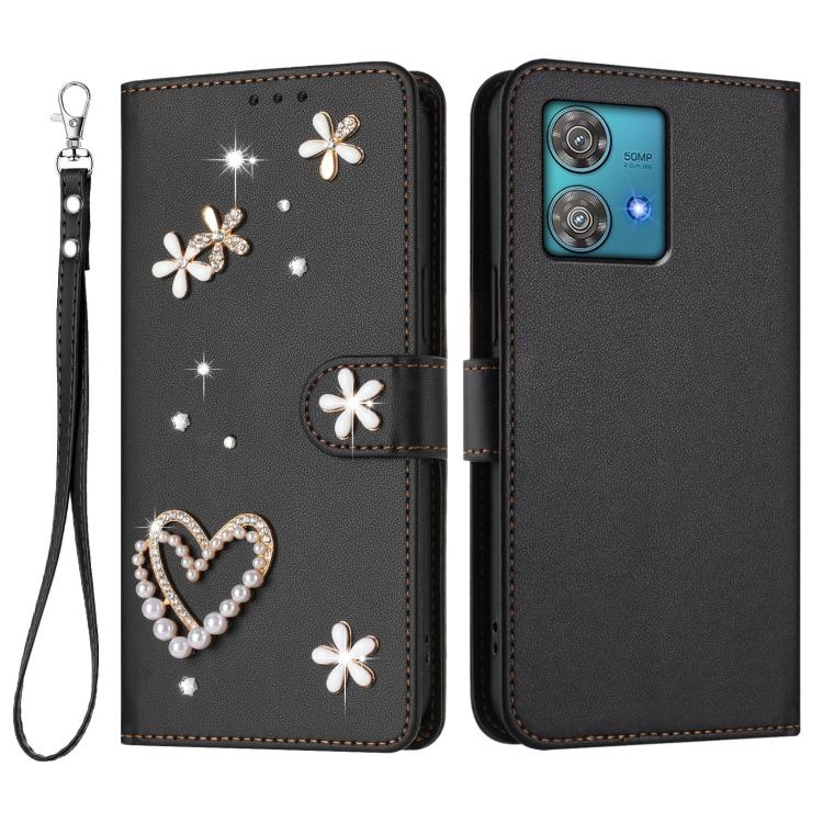 For Motorola Edge 40 Neo ZS01 Double-Layer Heart Floral Vegan Leather Phone Case with Wrist Strap