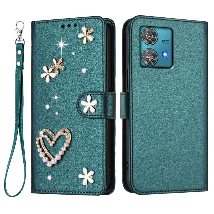 For Motorola Edge 40 Neo ZS01 Double-Layer Heart Floral Vegan Leather Phone Case with Wrist Strap