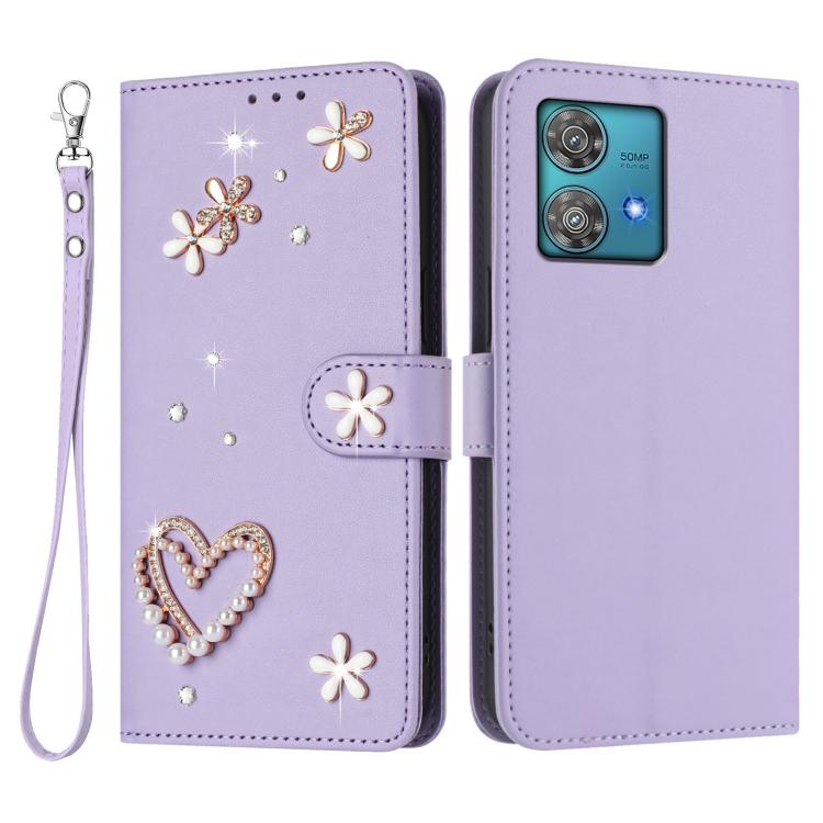 For Motorola Edge 40 Neo ZS01 Double-Layer Heart Floral Vegan Leather Phone Case with Wrist Strap