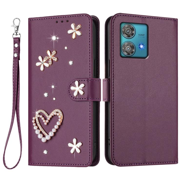 For Motorola Edge 40 Neo ZS01 Double-Layer Heart Floral Vegan Leather Phone Case with Wrist Strap