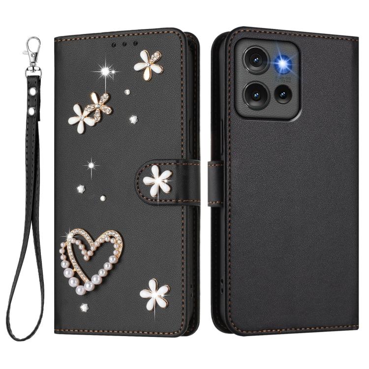 For Motorola Edge 50 5G Global ZS01 Double-Layer Heart Floral Vegan Leather Phone Case with Wrist Strap