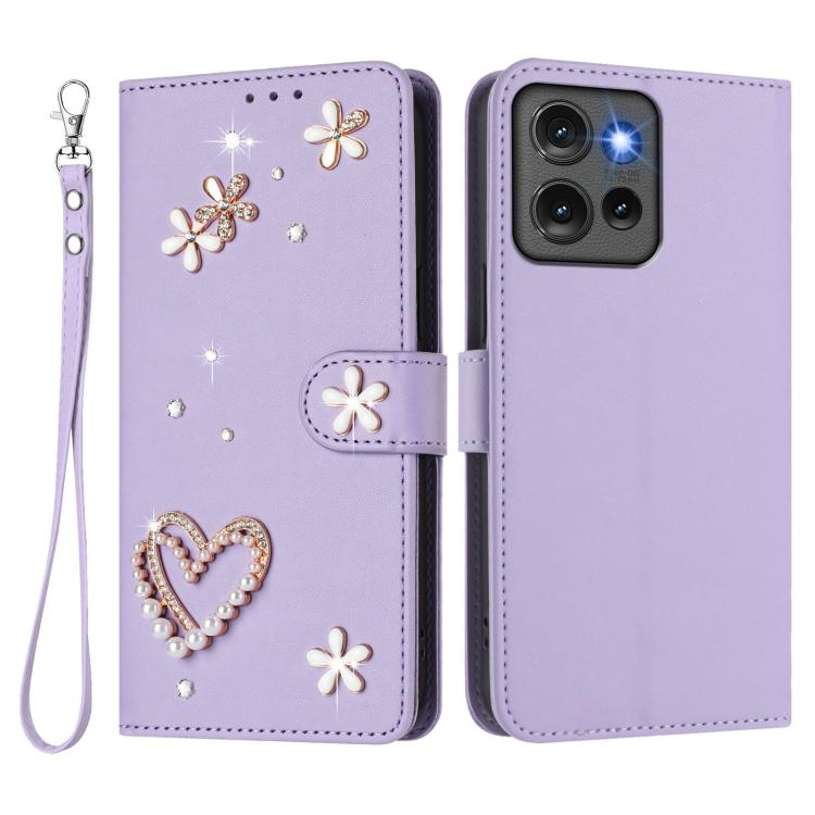 For Motorola Edge 50 5G Global ZS01 Double-Layer Heart Floral Vegan Leather Phone Case with Wrist Strap
