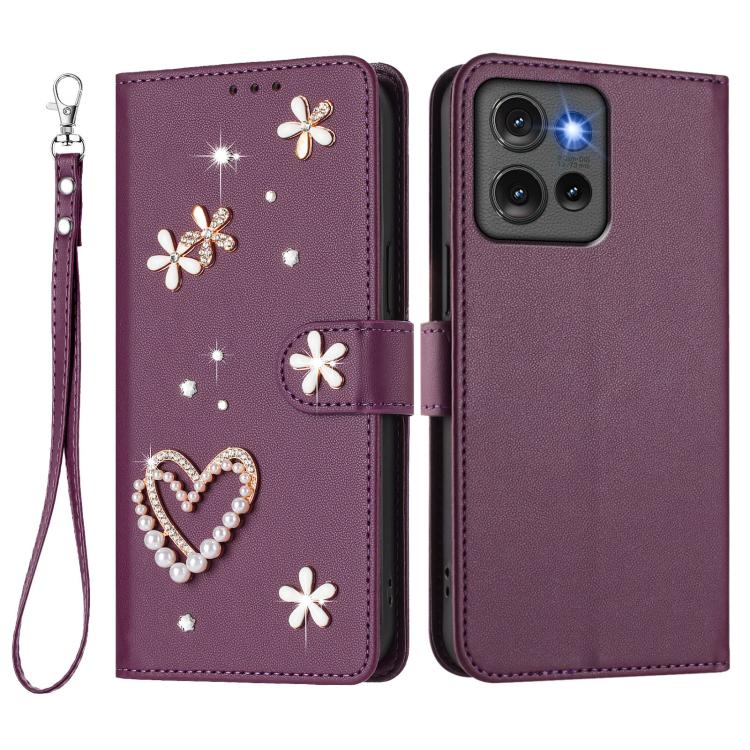 For Motorola Edge 50 5G Global ZS01 Double-Layer Heart Floral Vegan Leather Phone Case with Wrist Strap