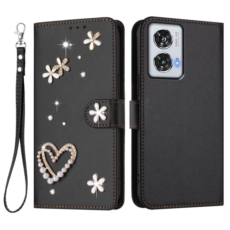 For Motorola Edge 50 Fusion 5G Global ZS01 Double-Layer Heart Floral Vegan Leather Phone Case with Wrist Strap