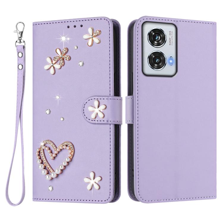 For Motorola Edge 50 Fusion 5G Global ZS01 Double-Layer Heart Floral Vegan Leather Phone Case with Wrist Strap