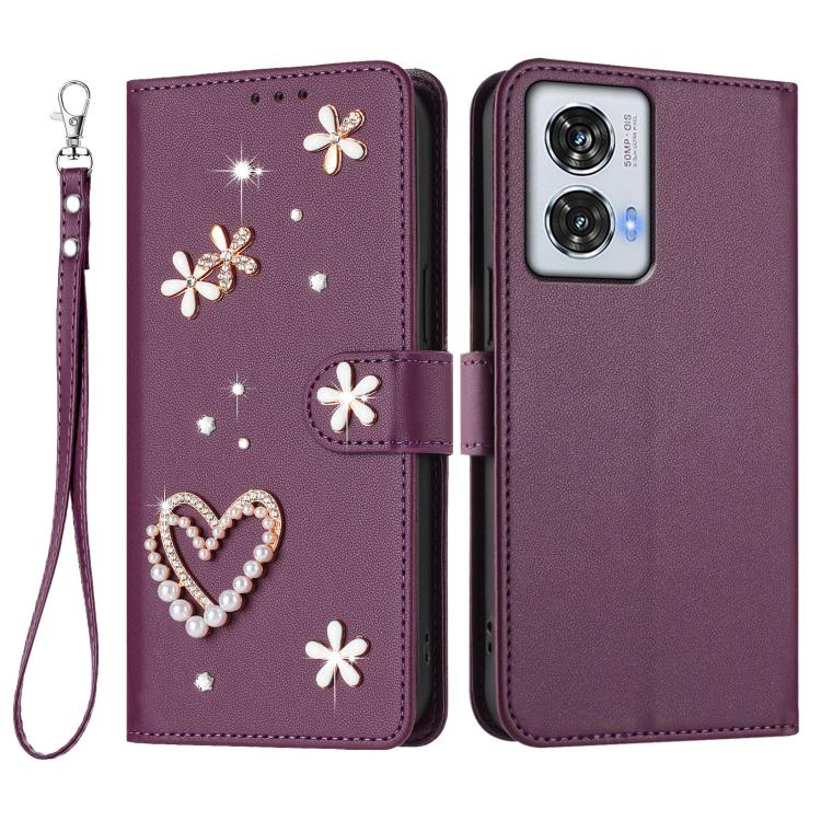 For Motorola Edge 50 Fusion 5G Global ZS01 Double-Layer Heart Floral Vegan Leather Phone Case with Wrist Strap