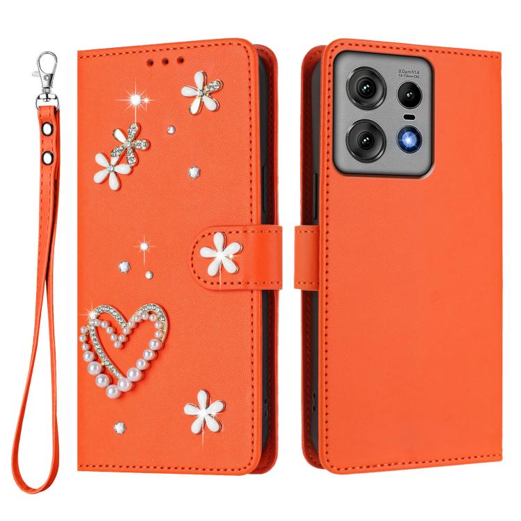 For Motorola Edge 50 Pro ZS01 Double-Layer Heart Floral Vegan Leather Phone Case with Wrist Strap