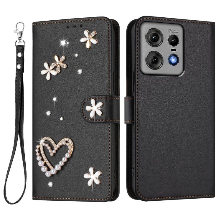 For Motorola Edge 50 Pro ZS01 Double-Layer Heart Floral Vegan Leather Phone Case with Wrist Strap