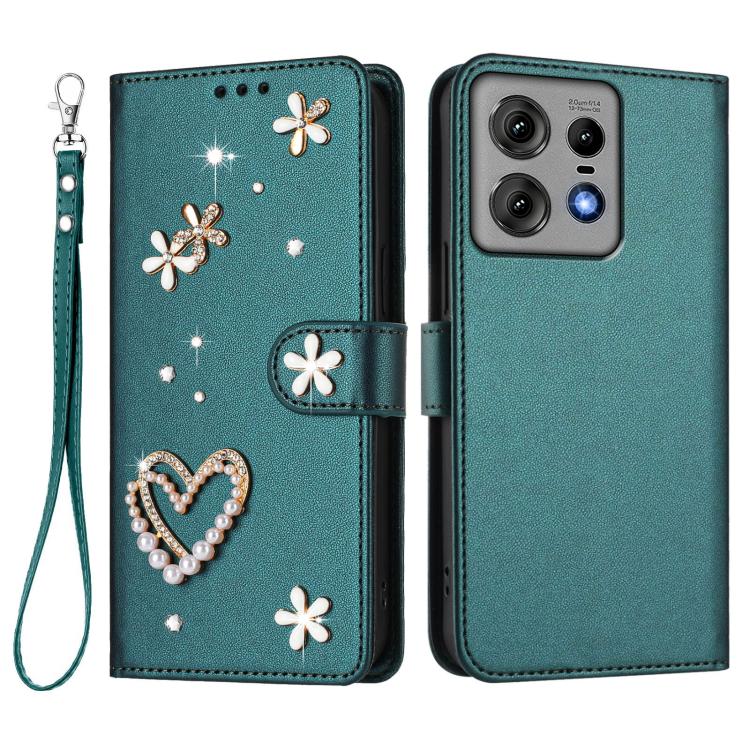 For Motorola Edge 50 Pro ZS01 Double-Layer Heart Floral Vegan Leather Phone Case with Wrist Strap