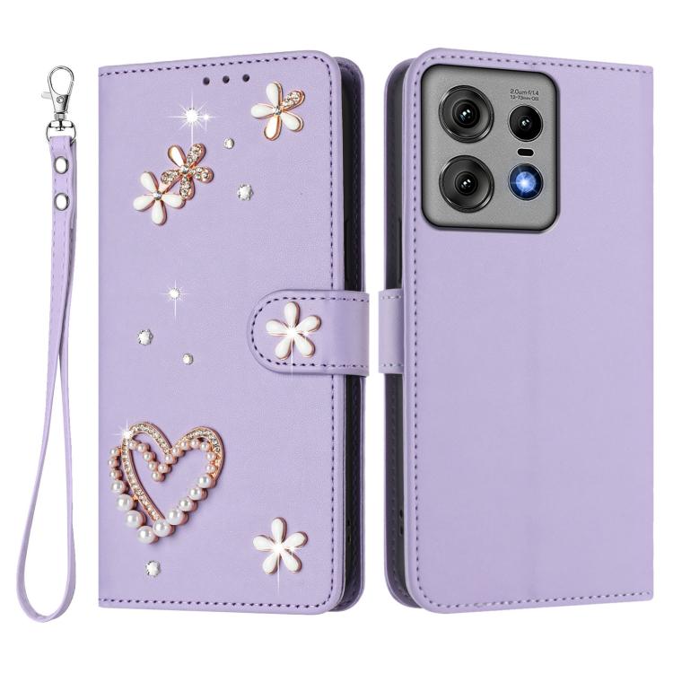 For Motorola Edge 50 Pro ZS01 Double-Layer Heart Floral Vegan Leather Phone Case with Wrist Strap
