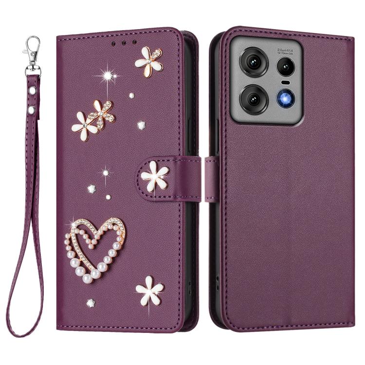 For Motorola Edge 50 Pro ZS01 Double-Layer Heart Floral Vegan Leather Phone Case with Wrist Strap