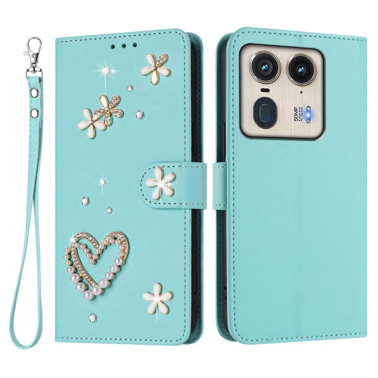 For Motorola Edge 50 Ultra 5G Global ZS01 Double-Layer Heart Floral Vegan Leather Phone Case with Wrist Strap