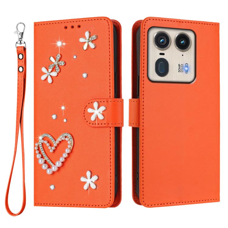 For Motorola Edge 50 Ultra 5G Global ZS01 Double-Layer Heart Floral Vegan Leather Phone Case with Wrist Strap