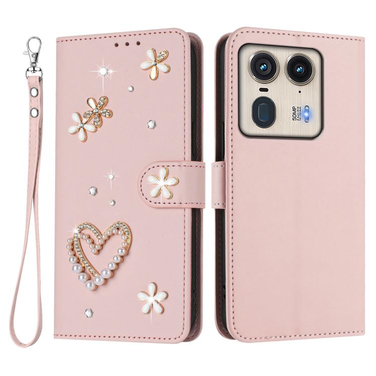 For Motorola Edge 50 Ultra 5G Global ZS01 Double-Layer Heart Floral Vegan Leather Phone Case with Wrist Strap