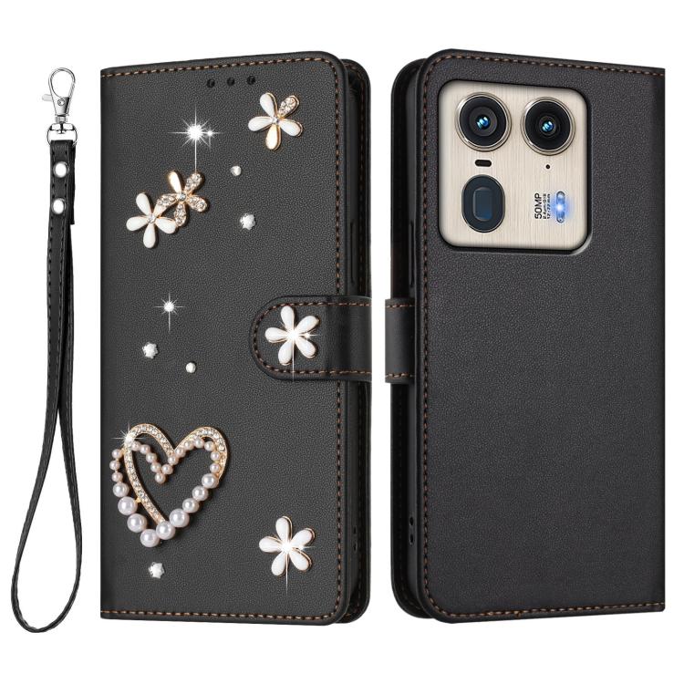 For Motorola Edge 50 Ultra 5G Global ZS01 Double-Layer Heart Floral Vegan Leather Phone Case with Wrist Strap