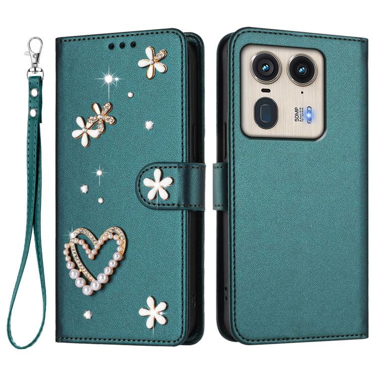 For Motorola Edge 50 Ultra 5G Global ZS01 Double-Layer Heart Floral Vegan Leather Phone Case with Wrist Strap
