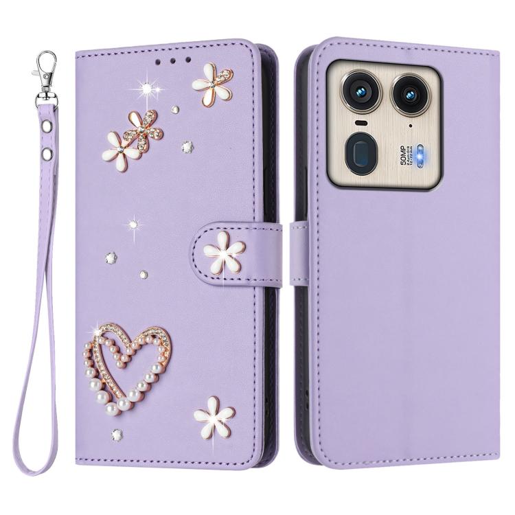 For Motorola Edge 50 Ultra 5G Global ZS01 Double-Layer Heart Floral Vegan Leather Phone Case with Wrist Strap