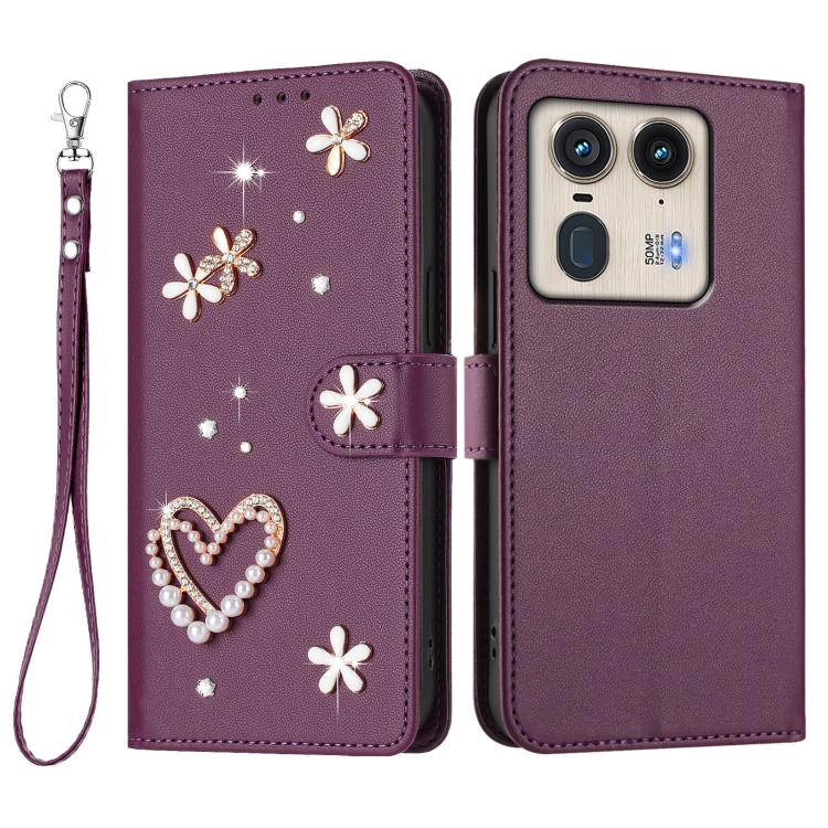 For Motorola Edge 50 Ultra 5G Global ZS01 Double-Layer Heart Floral Vegan Leather Phone Case with Wrist Strap