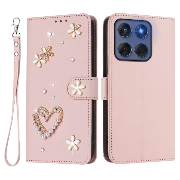 For Motorola Edge 60 Fusion ZS01 Double-Layer Heart Floral Vegan Leather Phone Case with Wrist Strap
