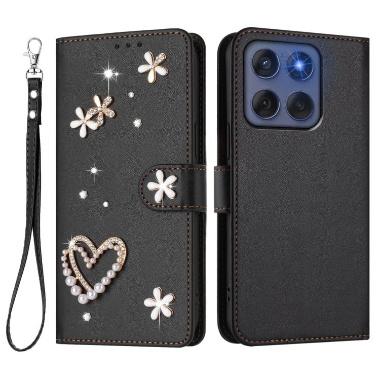For Motorola Edge 60 Fusion ZS01 Double-Layer Heart Floral Vegan Leather Phone Case with Wrist Strap