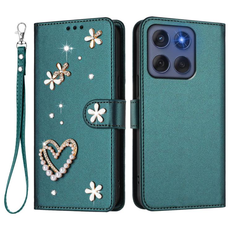 For Motorola Edge 60 Fusion ZS01 Double-Layer Heart Floral Vegan Leather Phone Case with Wrist Strap
