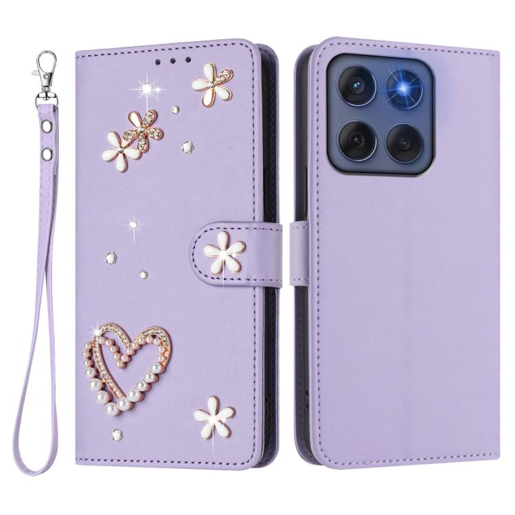 For Motorola Edge 60 Fusion ZS01 Double-Layer Heart Floral Vegan Leather Phone Case with Wrist Strap