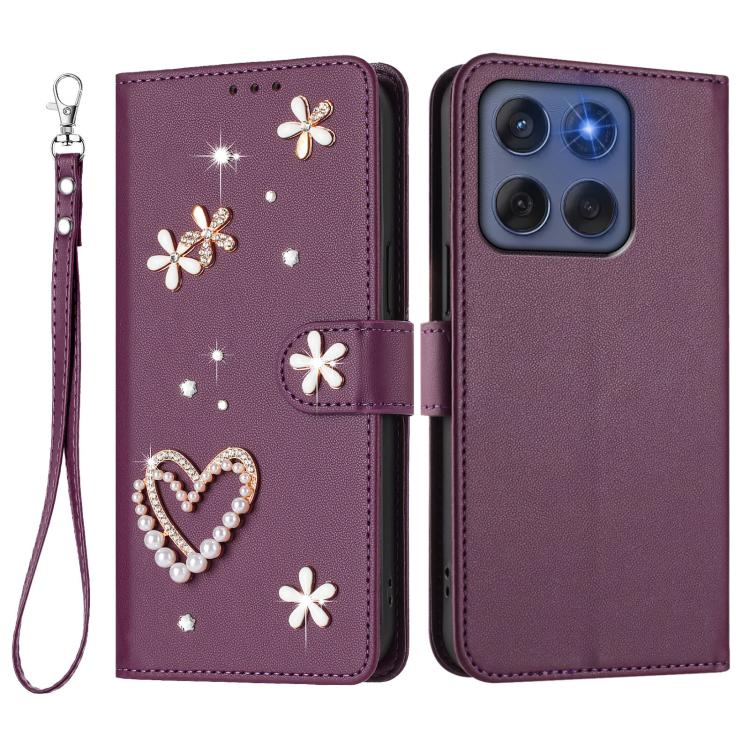 For Motorola Edge 60 Fusion ZS01 Double-Layer Heart Floral Vegan Leather Phone Case with Wrist Strap