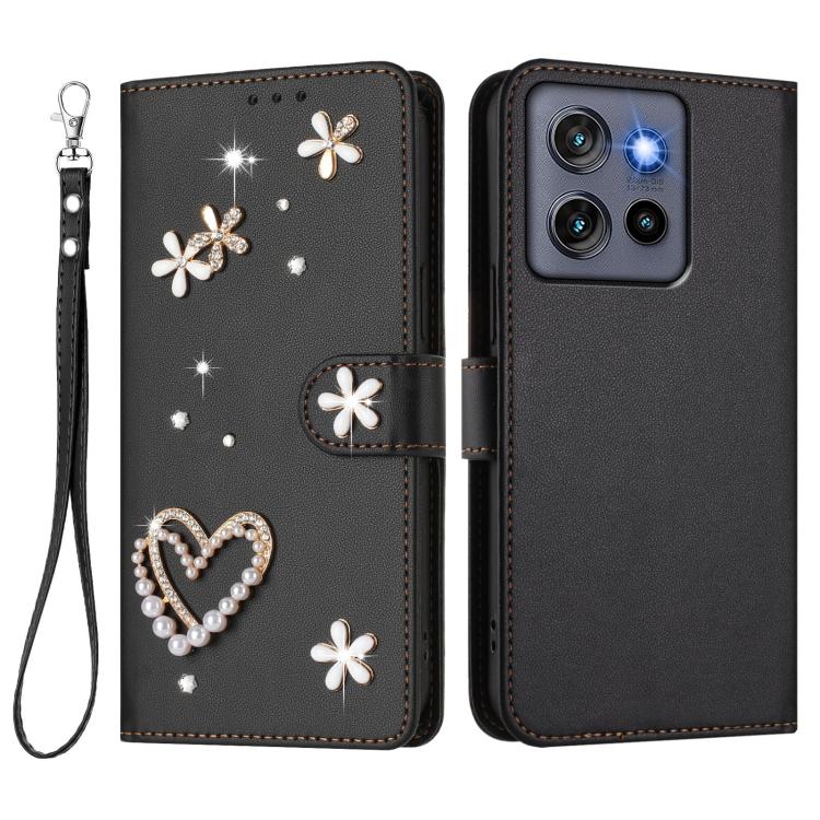 For Motorola Edge 50 Neo 5G Global ZS01 Double-Layer Heart Floral Vegan Leather Phone Case with Wrist Strap