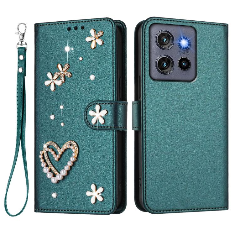 For Motorola Edge 50 Neo 5G Global ZS01 Double-Layer Heart Floral Vegan Leather Phone Case with Wrist Strap
