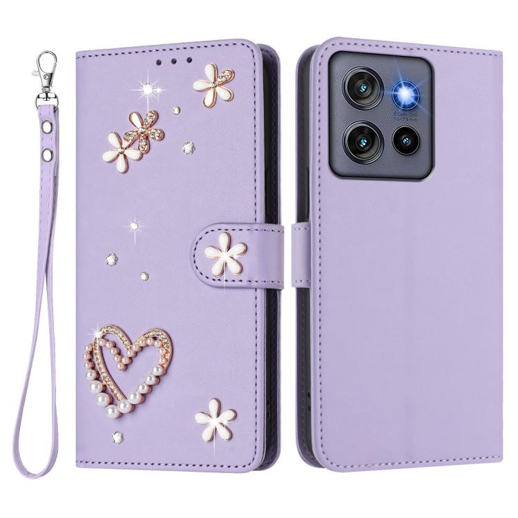 For Motorola Edge 50 Neo 5G Global ZS01 Double-Layer Heart Floral Vegan Leather Phone Case with Wrist Strap