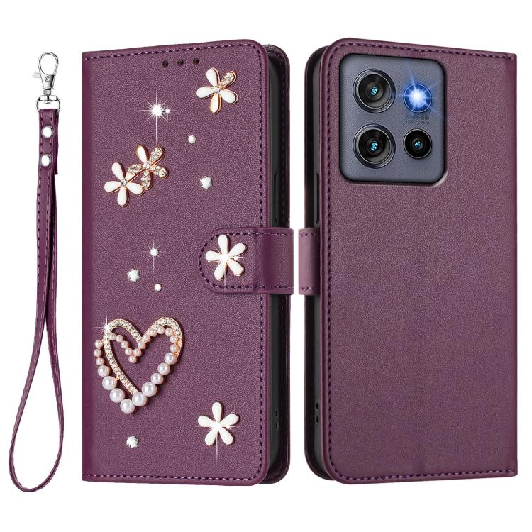 For Motorola Edge 50 Neo 5G Global ZS01 Double-Layer Heart Floral Vegan Leather Phone Case with Wrist Strap