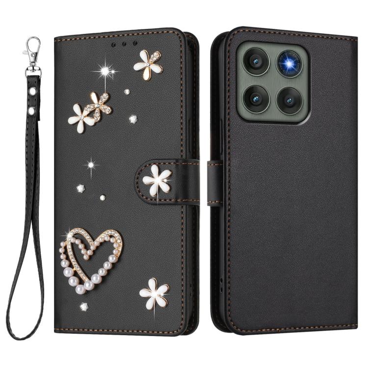 For Motorola Edge 60 Pro ZS01 Double-Layer Heart Floral Vegan Leather Phone Case with Wrist Strap