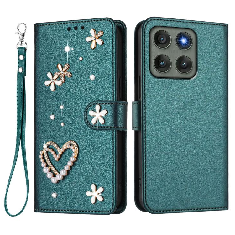 For Motorola Edge 60 Pro ZS01 Double-Layer Heart Floral Vegan Leather Phone Case with Wrist Strap