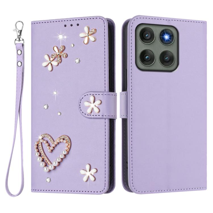For Motorola Edge 60 Pro ZS01 Double-Layer Heart Floral Vegan Leather Phone Case with Wrist Strap