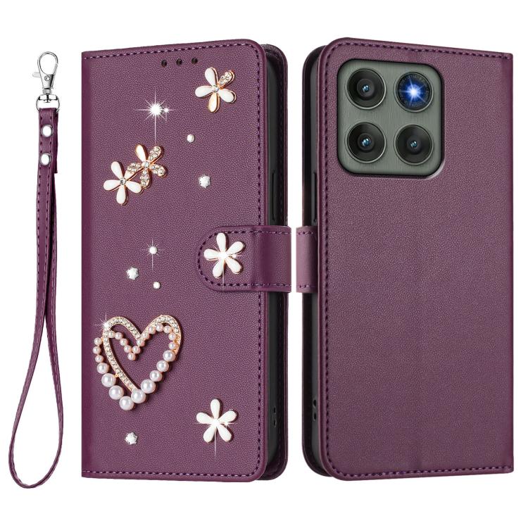 For Motorola Edge 60 Pro ZS01 Double-Layer Heart Floral Vegan Leather Phone Case with Wrist Strap